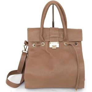 JIMMY CHOO Bag Tan Leather Large ROSABEL Satchel Tote Shoulder Strap Gold HW